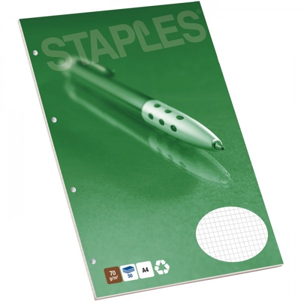 STAPLES® Briefblock, kariert, 4fach Lochung, A4, 70 g/m², RC, weiß, 50 Blatt (1 Stück)
