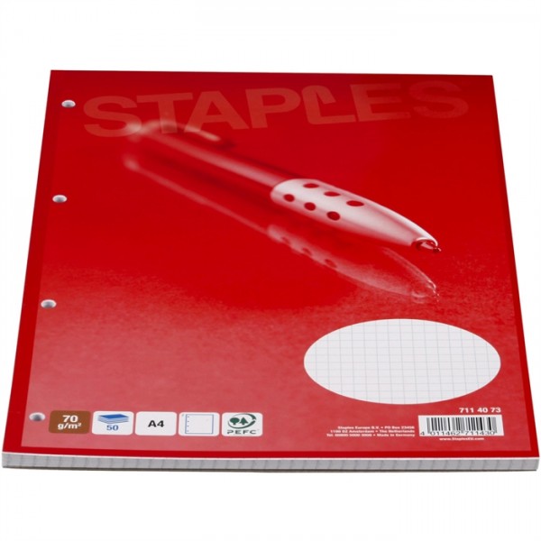 STAPLES® Briefblock, kariert, 4fach Lochung, A4, 70 g/m², holzfrei, weiß, 50 Blatt (1 Stück)