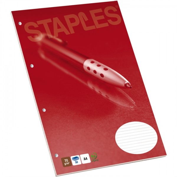 STAPLES® Briefblock, liniert, 4fach Lochung, A4, 70 g/m², holzfrei, weiß, 50 Blatt (10 Stück)